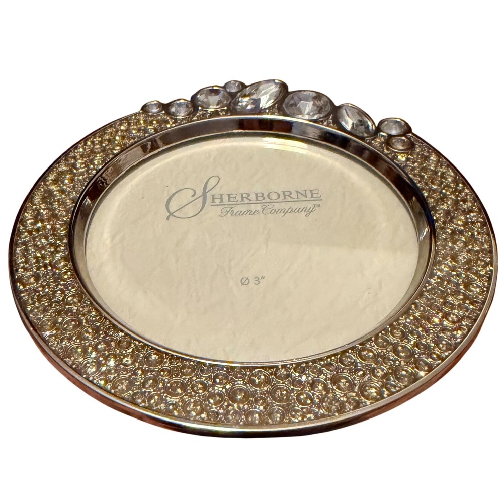 Sherborne Frame Co Ornate Round Picture Frame Crystal Embellished Silver Tone 3" - Picture 7 of 8